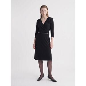 Polyester blend dress, George Stretch, black wrap-style with 3/4 sleeves Medium